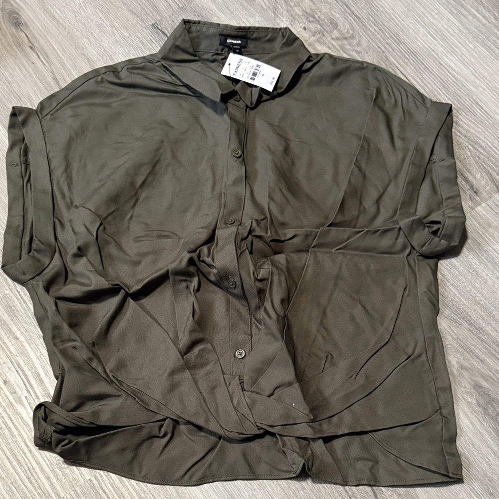 Express Olive Green Short-Sleeve Button Front Blouse